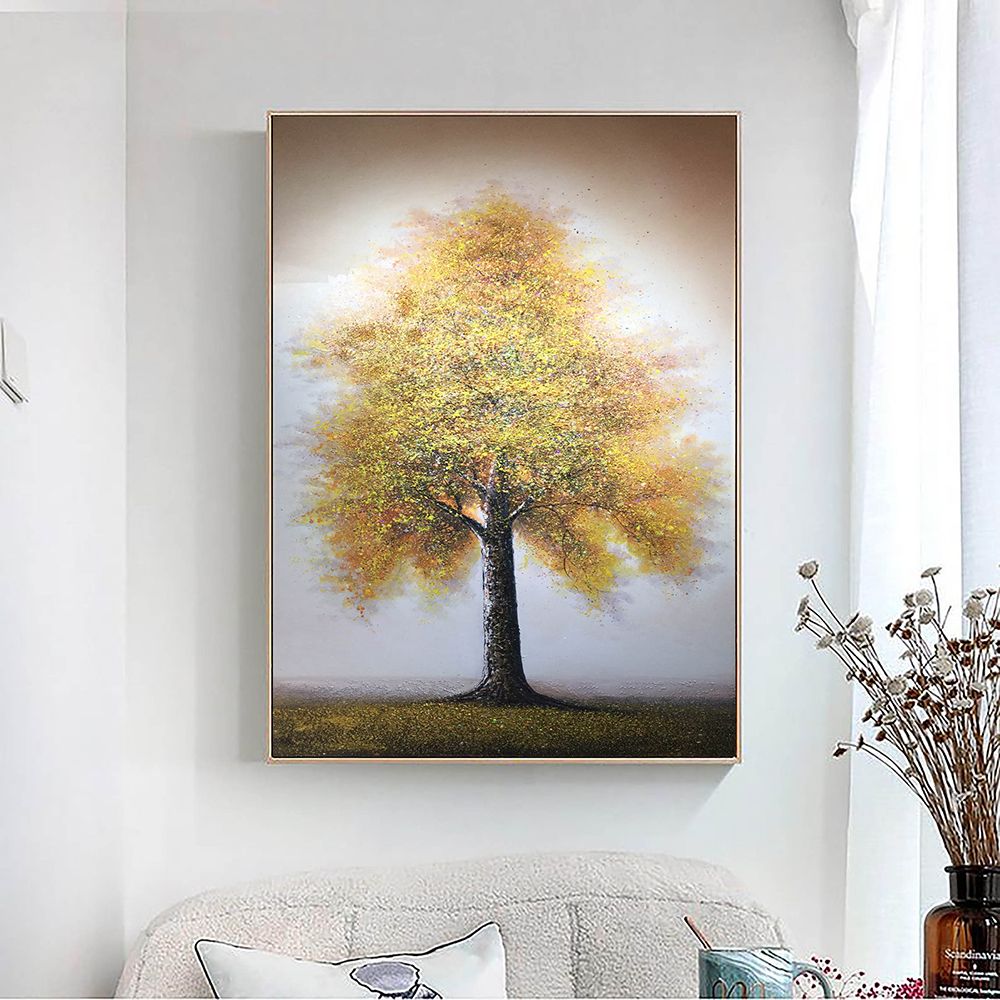 Hand Painted Oil Painting Original Tree Painting on Canvas Large Abstract Gold Big Tower Tree Landscape Acrylic Oil Painting Modern Living Room Wall Art Decor