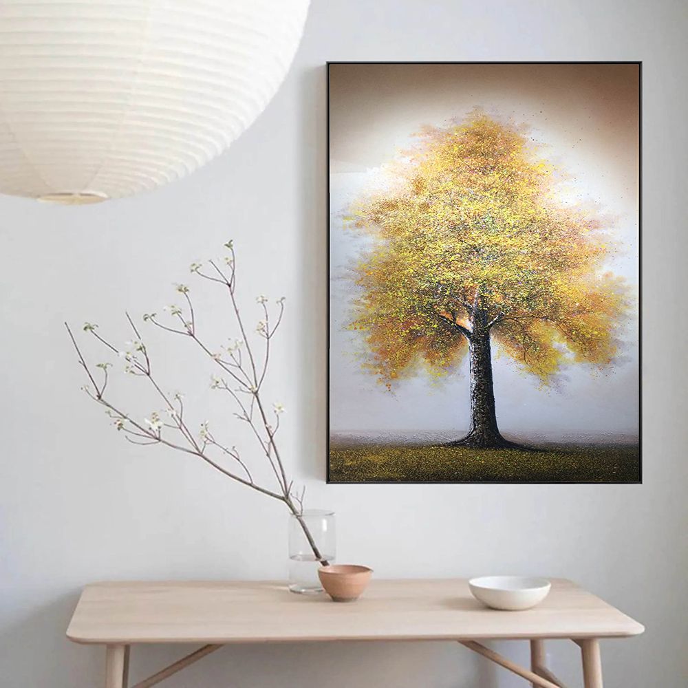 Hand Painted Oil Painting Original Tree Painting on Canvas Large Abstract Gold Big Tower Tree Landscape Acrylic Oil Painting Modern Living Room Wall Art Decor