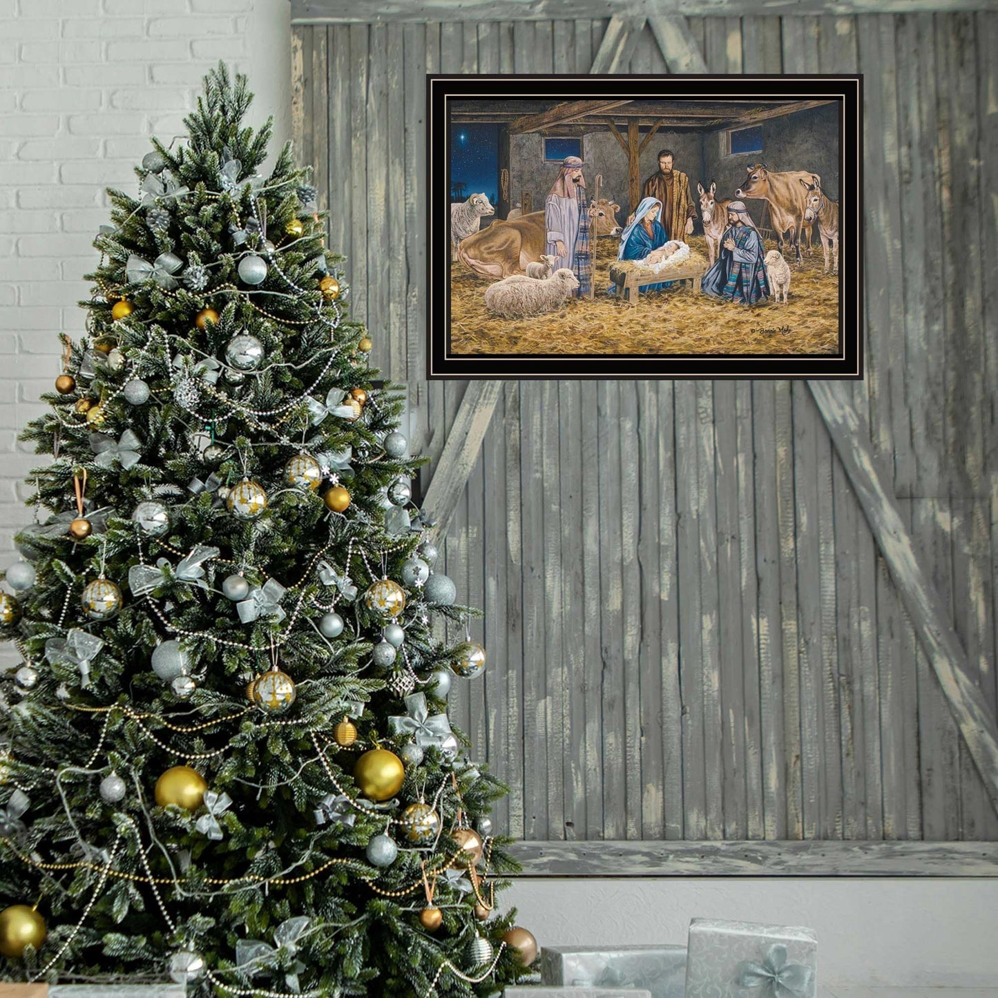 Trendy Decor 4U The Greatest Gift of All - The Birth of Christ Black Framed Wall Art for Living Room, Nativity Wall Art Print for Home Decor, Bedroom Wall Art by Bonnie Mohr