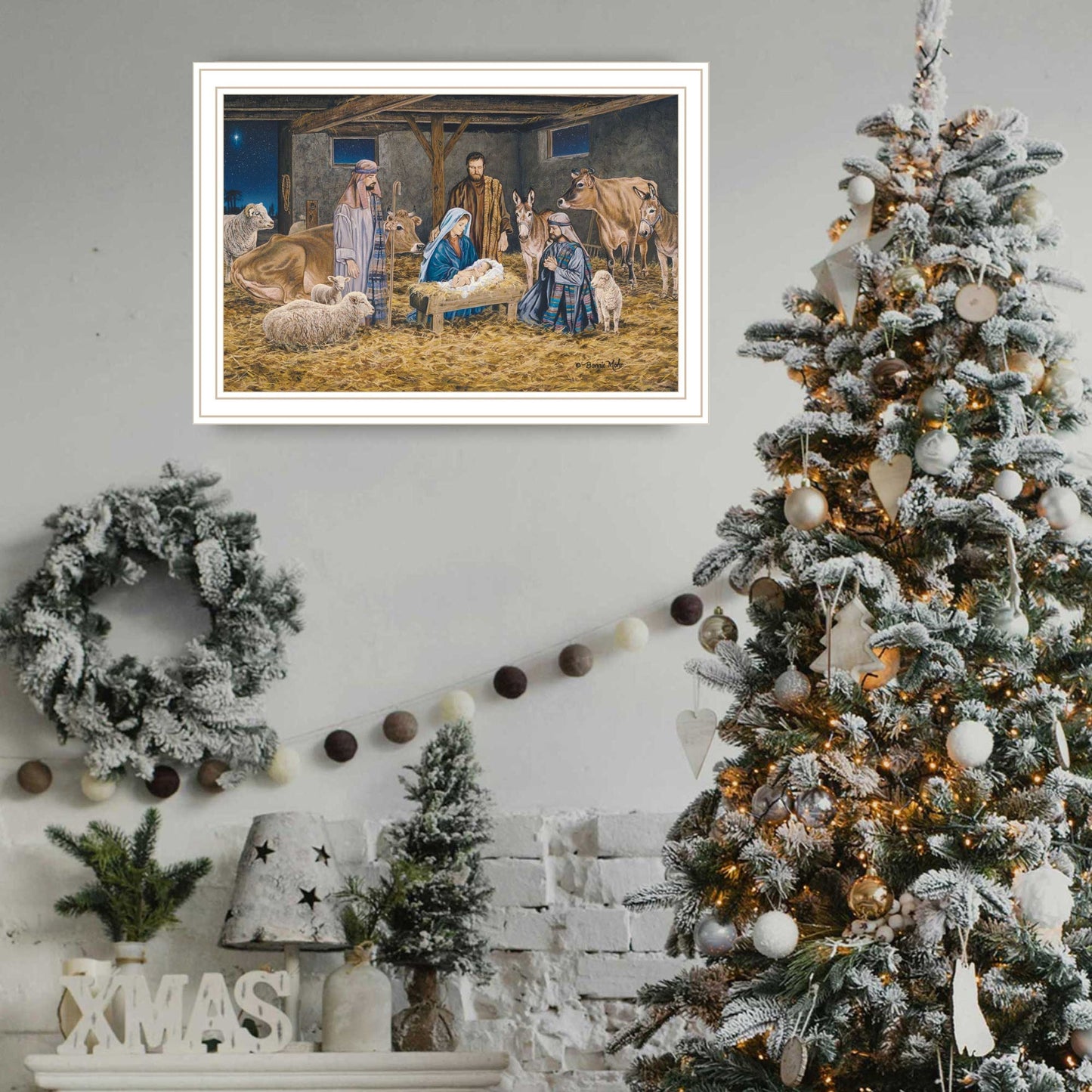 Trendy Decor 4U The Greatest Gift of All - The Birth of Christ White Framed Wall Art for Living Room, Nativity Wall Art Print for Home Decor, Bedroom Wall Art by Bonnie Mohr