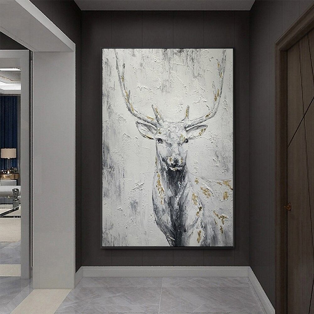 Hand Painted Oil Painting Hand Painted Rich Deer Oil Painting On Canvas Animal Pattern Decorative Painting Classical Porch Mural Handmade Art Living Room Luxurious Decorative Painting