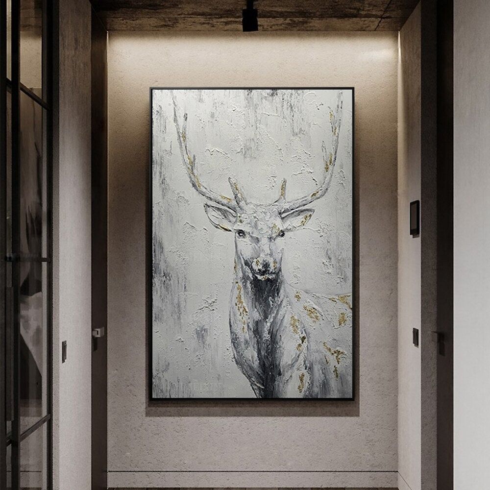 Hand Painted Oil Painting Hand Painted Rich Deer Oil Painting On Canvas Animal Pattern Decorative Painting Classical Porch Mural Handmade Art Living Room Luxurious Decorative Painting