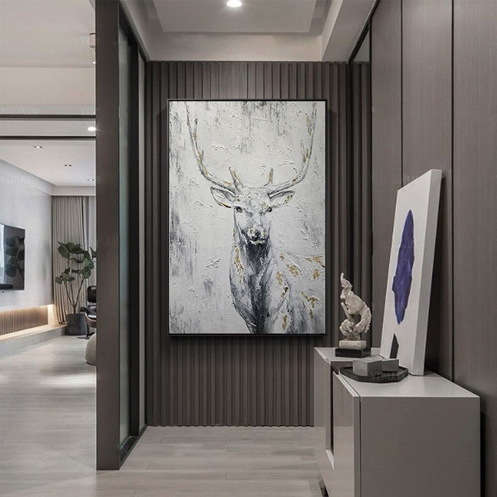 Hand Painted Oil Painting Hand Painted Rich Deer Oil Painting On Canvas Animal Pattern Decorative Painting Classical Porch Mural Handmade Art Living Room Luxurious Decorative Painting