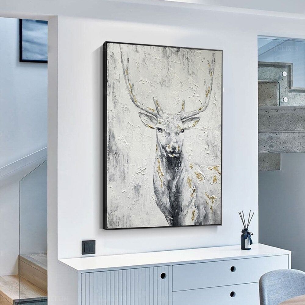 Hand Painted Oil Painting Hand Painted Rich Deer Oil Painting On Canvas Animal Pattern Decorative Painting Classical Porch Mural Handmade Art Living Room Luxurious Decorative Painting