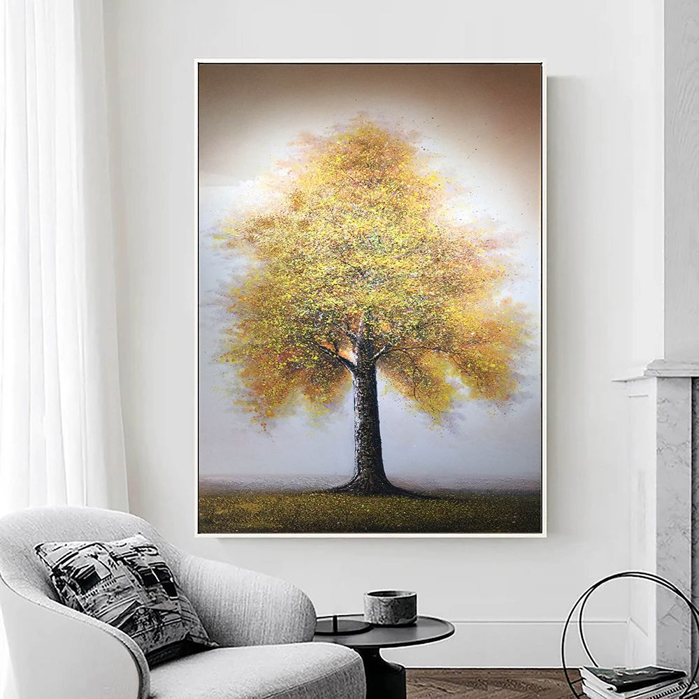 Hand Painted Oil Painting Original Tree Painting on Canvas Large Abstract Gold Big Tower Tree Landscape Acrylic Oil Painting Modern Living Room Wall Art Decor