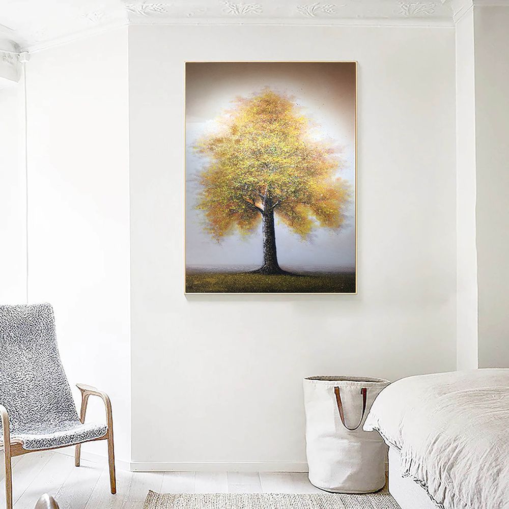 Hand Painted Oil Painting Original Tree Painting on Canvas Large Abstract Gold Big Tower Tree Landscape Acrylic Oil Painting Modern Living Room Wall Art Decor