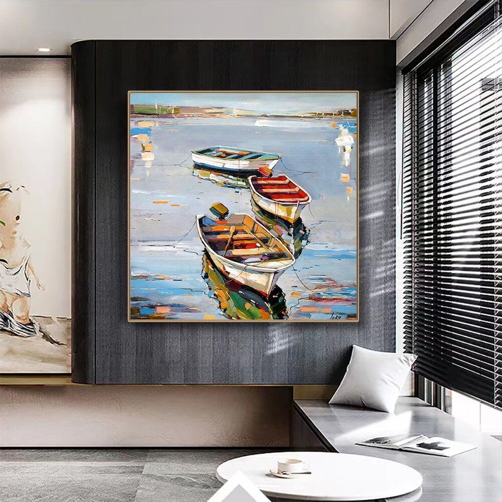 Hand Painted Oil Painting Canoe oil Paintings Nordic Seascape-Hand-Painted- Colorful Boats Oil Painting-Wall Art Handmade- For Home Decoration