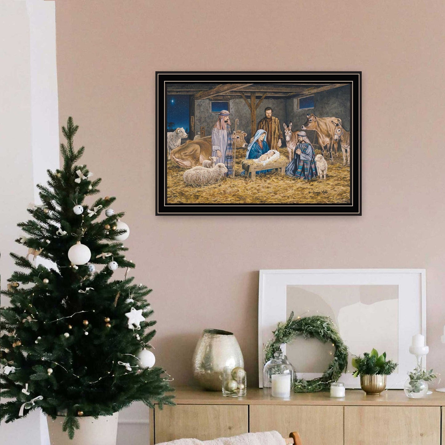 Trendy Decor 4U The Greatest Gift of All - The Birth of Christ Black Framed Wall Art for Living Room, Nativity Wall Art Print for Home Decor, Bedroom Wall Art by Bonnie Mohr