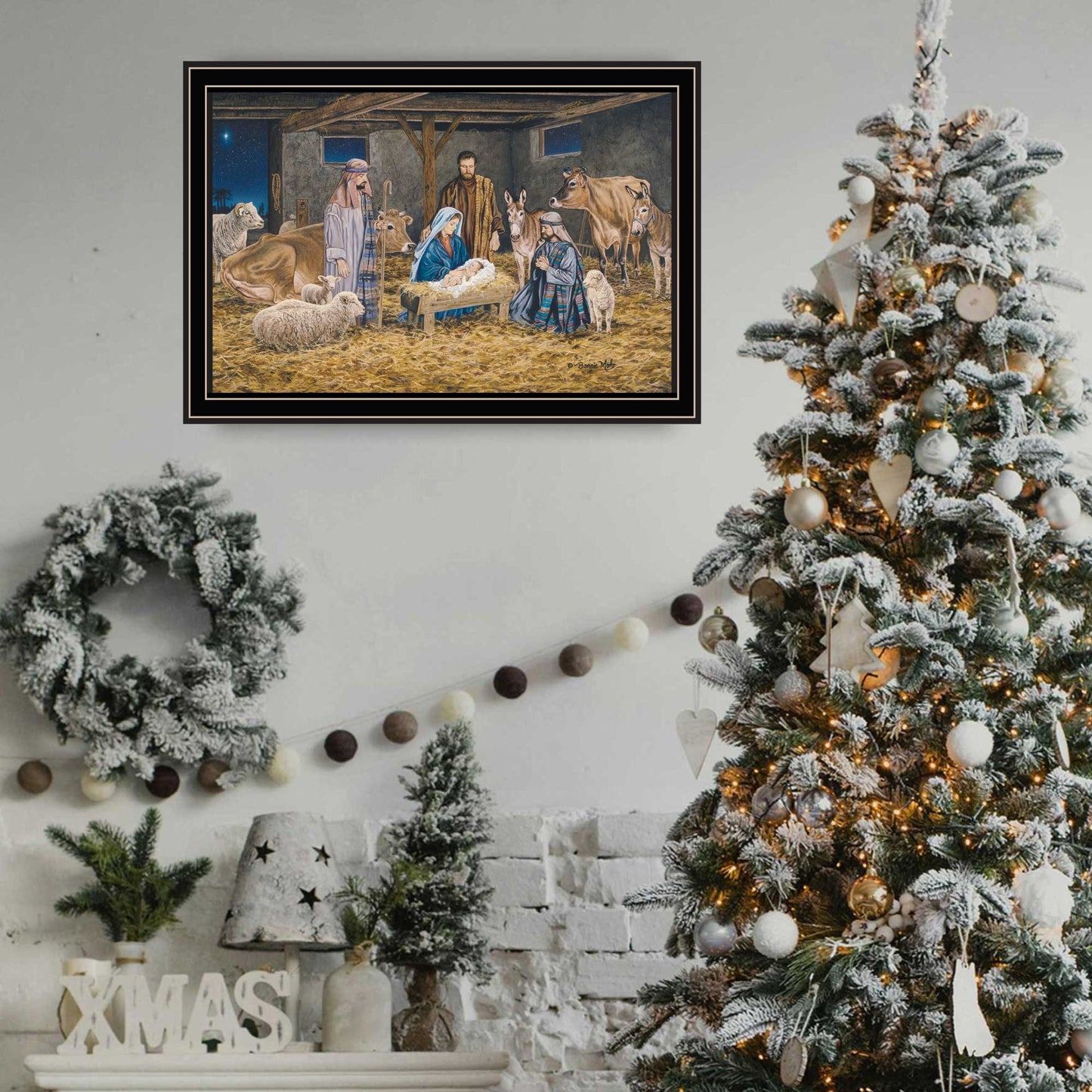 Trendy Decor 4U The Greatest Gift of All - The Birth of Christ Black Framed Wall Art for Living Room, Nativity Wall Art Print for Home Decor, Bedroom Wall Art by Bonnie Mohr