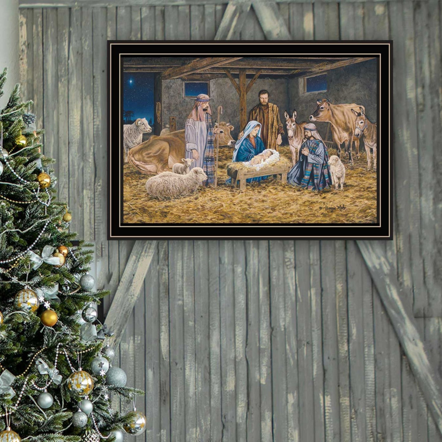 Trendy Decor 4U The Greatest Gift of All - The Birth of Christ Black Framed Wall Art for Living Room, Nativity Wall Art Print for Home Decor, Bedroom Wall Art by Bonnie Mohr