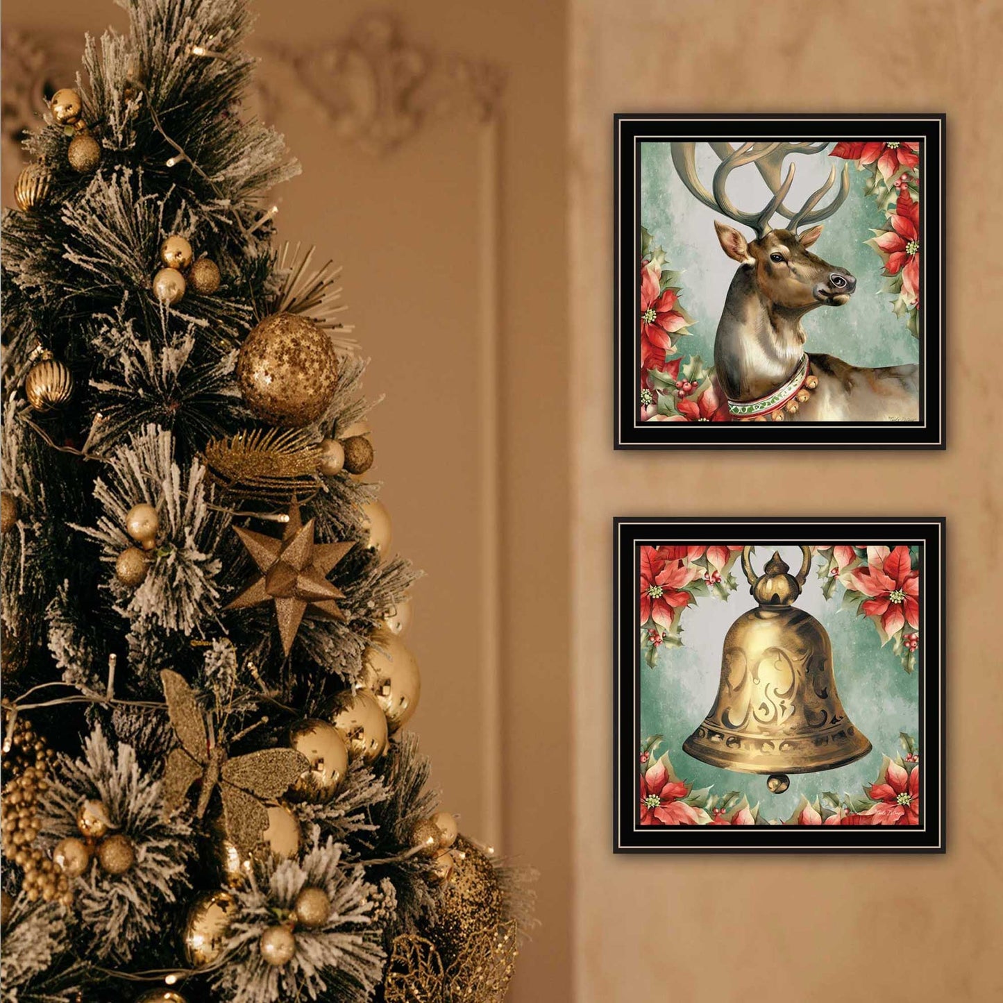 Trendy Decor 4U 2-Piece Vignette Old World Reindeer & Bell Black Framed Wall Art for Living Room, Holiday Wall Art Print for Home Decor, Bedroom Wall Art by Nicole DeCamp