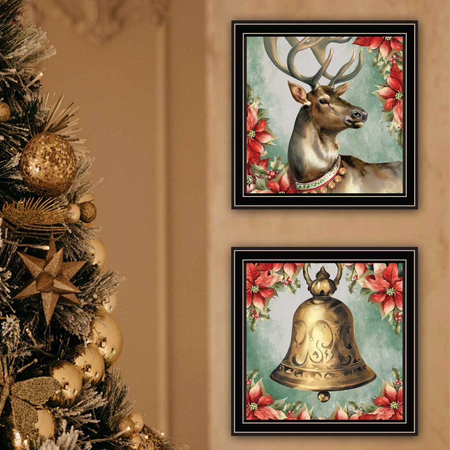 Trendy Decor 4U 2-Piece Vignette Old World Reindeer & Bell Black Framed Wall Art for Living Room, Holiday Wall Art Print for Home Decor, Bedroom Wall Art by Nicole DeCamp