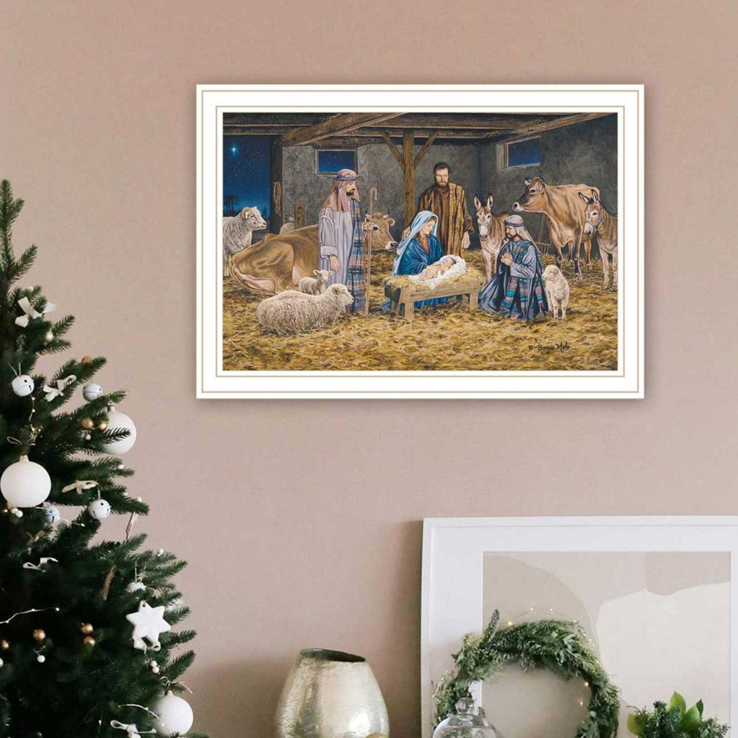 Trendy Decor 4U The Greatest Gift of All - The Birth of Christ White Framed Wall Art for Living Room, Nativity Wall Art Print for Home Decor, Bedroom Wall Art by Bonnie Mohr