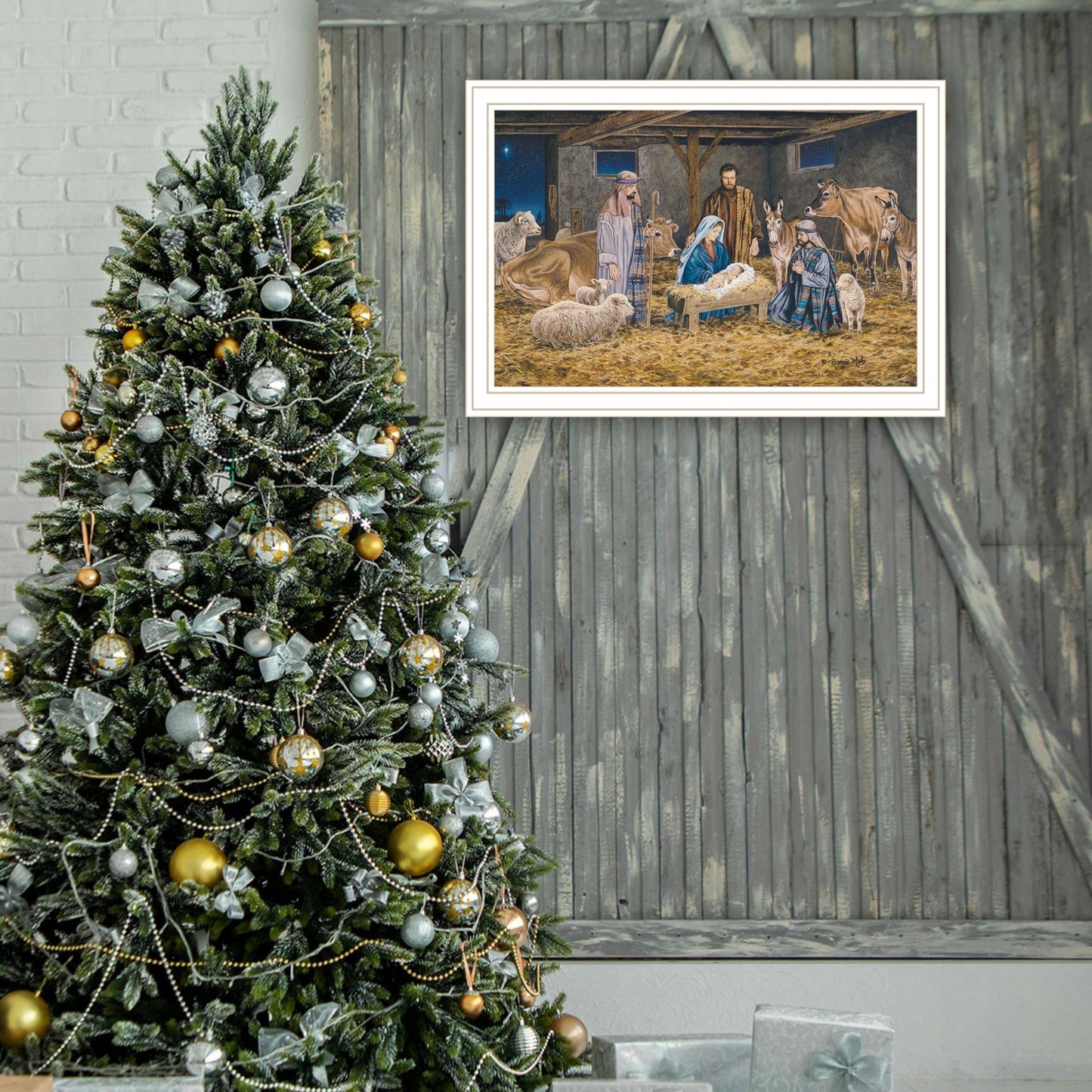 Trendy Decor 4U The Greatest Gift of All - The Birth of Christ White Framed Wall Art for Living Room, Nativity Wall Art Print for Home Decor, Bedroom Wall Art by Bonnie Mohr