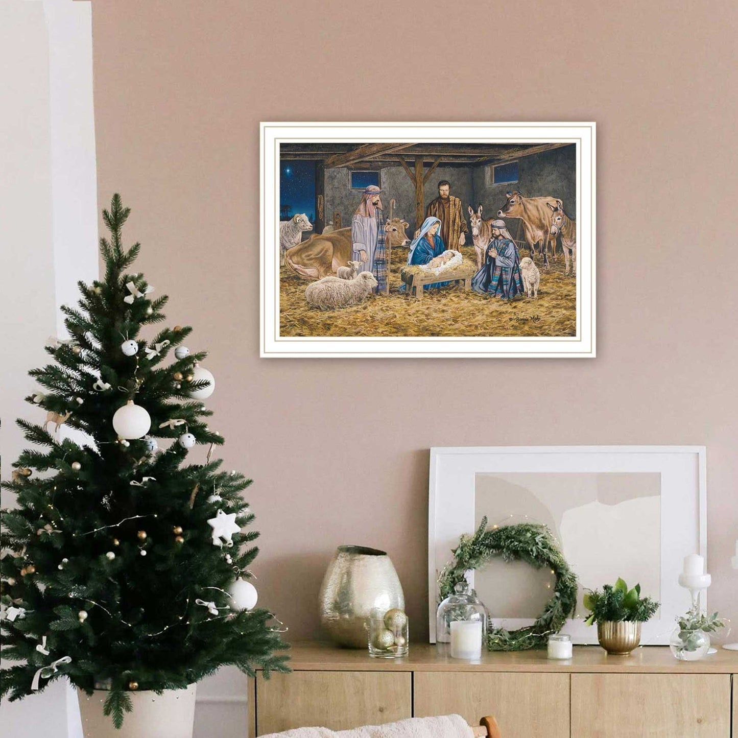 Trendy Decor 4U The Greatest Gift of All - The Birth of Christ White Framed Wall Art for Living Room, Nativity Wall Art Print for Home Decor, Bedroom Wall Art by Bonnie Mohr