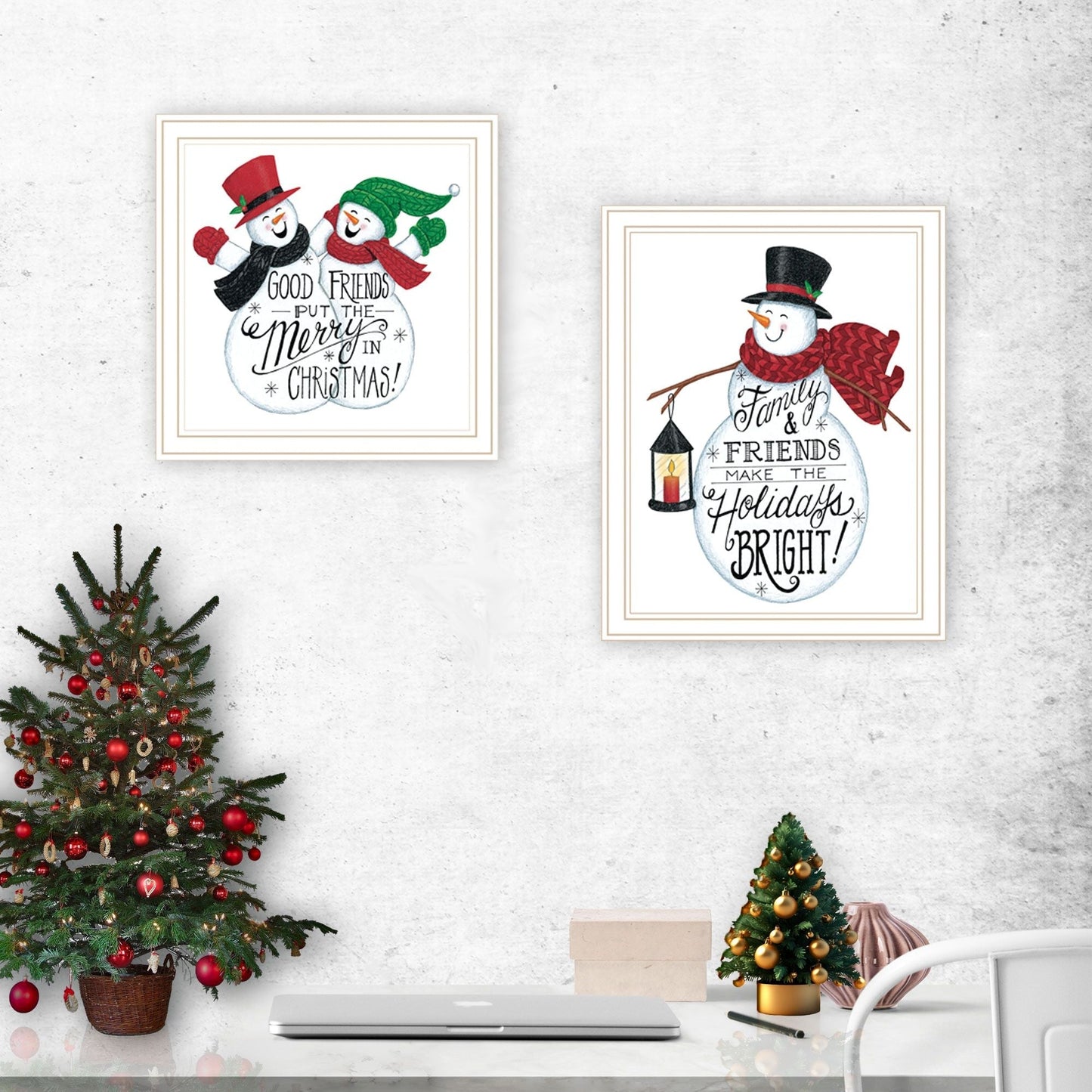 Trendy Decor 4U 2- Piece Vignette Good Friends Snowman White Framed Wall Art for Living Room, Bedroom Wall Art Print for Home Decor by Deb Strain
