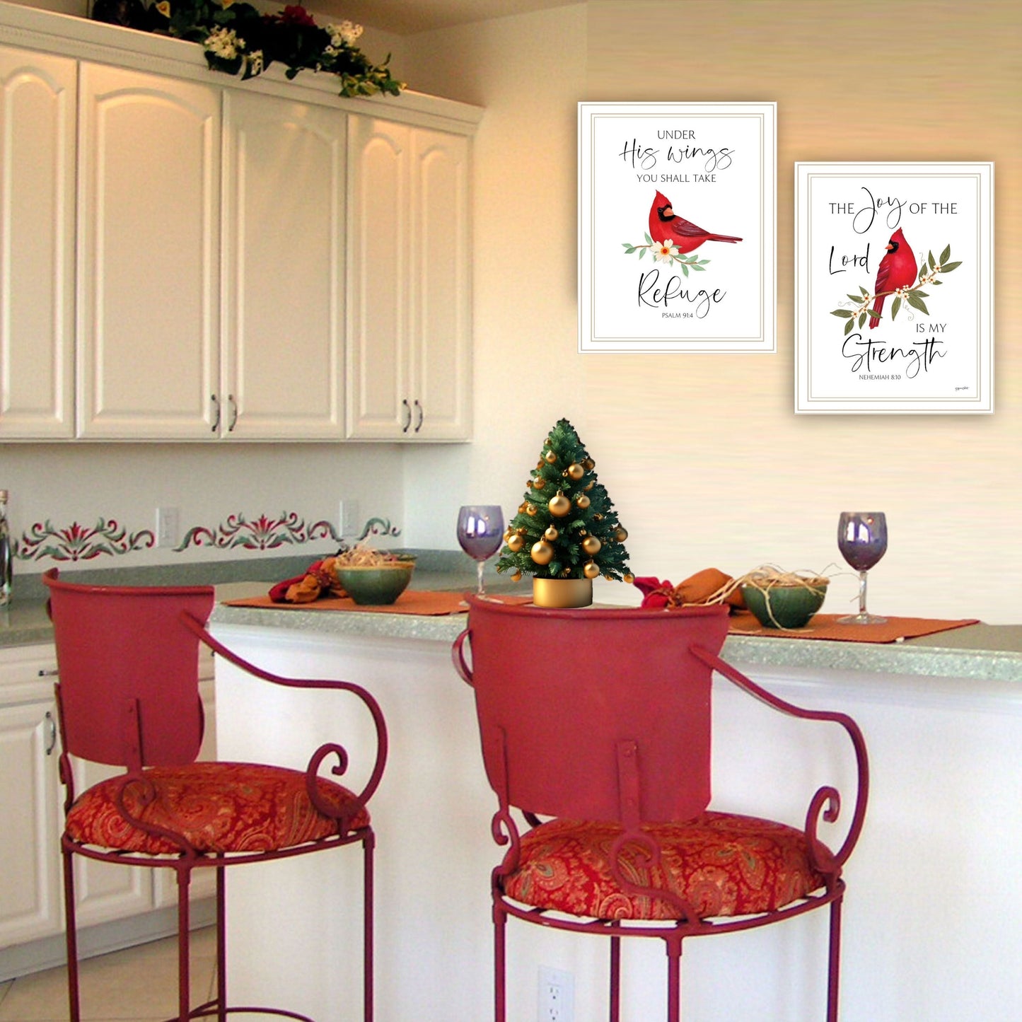 Trendy Decor 4U 2- Piece Vignette The Lord is MY Strength - Red Cardinals White Framed Wall Art for Living Room, Bedroom Wall Art Print for Home Decor by Annie Lapoint