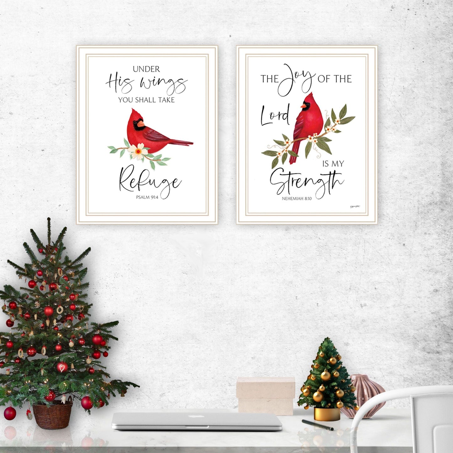 Trendy Decor 4U 2- Piece Vignette The Lord is MY Strength - Red Cardinals White Framed Wall Art for Living Room, Bedroom Wall Art Print for Home Decor by Annie Lapoint