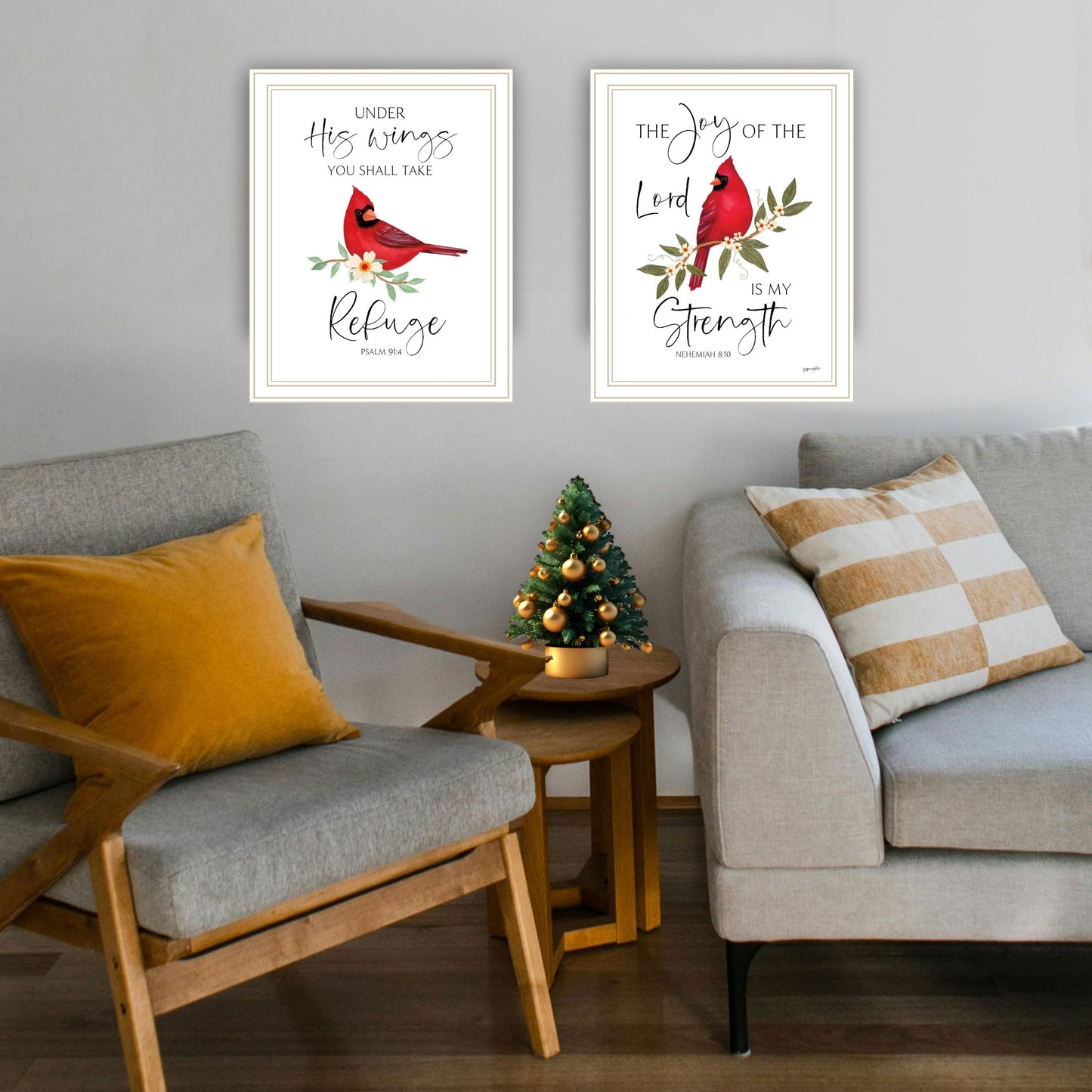 Trendy Decor 4U 2- Piece Vignette The Lord is MY Strength - Red Cardinals White Framed Wall Art for Living Room, Bedroom Wall Art Print for Home Decor by Annie Lapoint