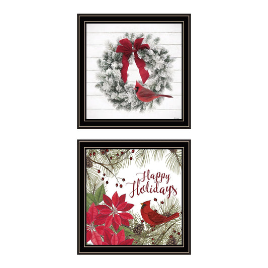 Trendy Decor 4U 2- Piece Vignette Cardinal Wreath Black Framed Wall Art for Living Room, Bedroom Wall Art Print for Home Decor by Linda Spivey