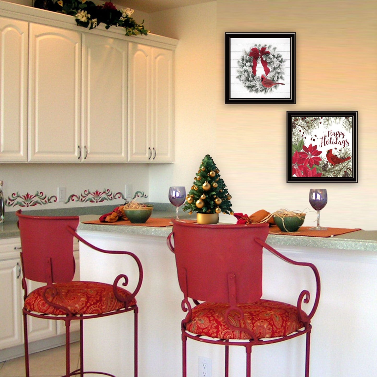 Trendy Decor 4U 2- Piece Vignette Cardinal Wreath Black Framed Wall Art for Living Room, Bedroom Wall Art Print for Home Decor by Linda Spivey