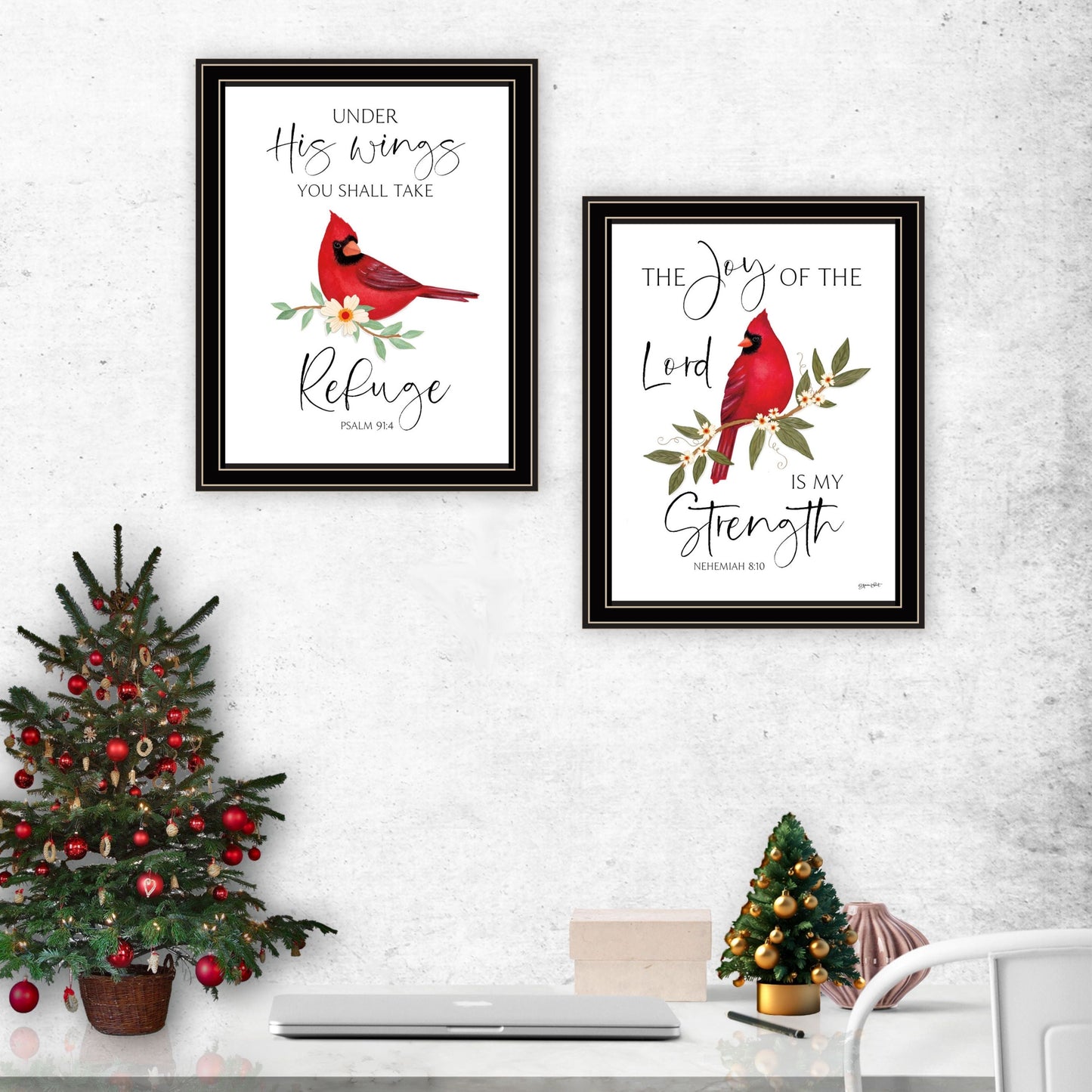 Trendy Decor 4U 2- Piece Vignette The Lord is MY Strength - Red Cardinals Black Framed Wall Art for Living Room, Bedroom Wall Art Print for Home Decor by Annie Lapoint
