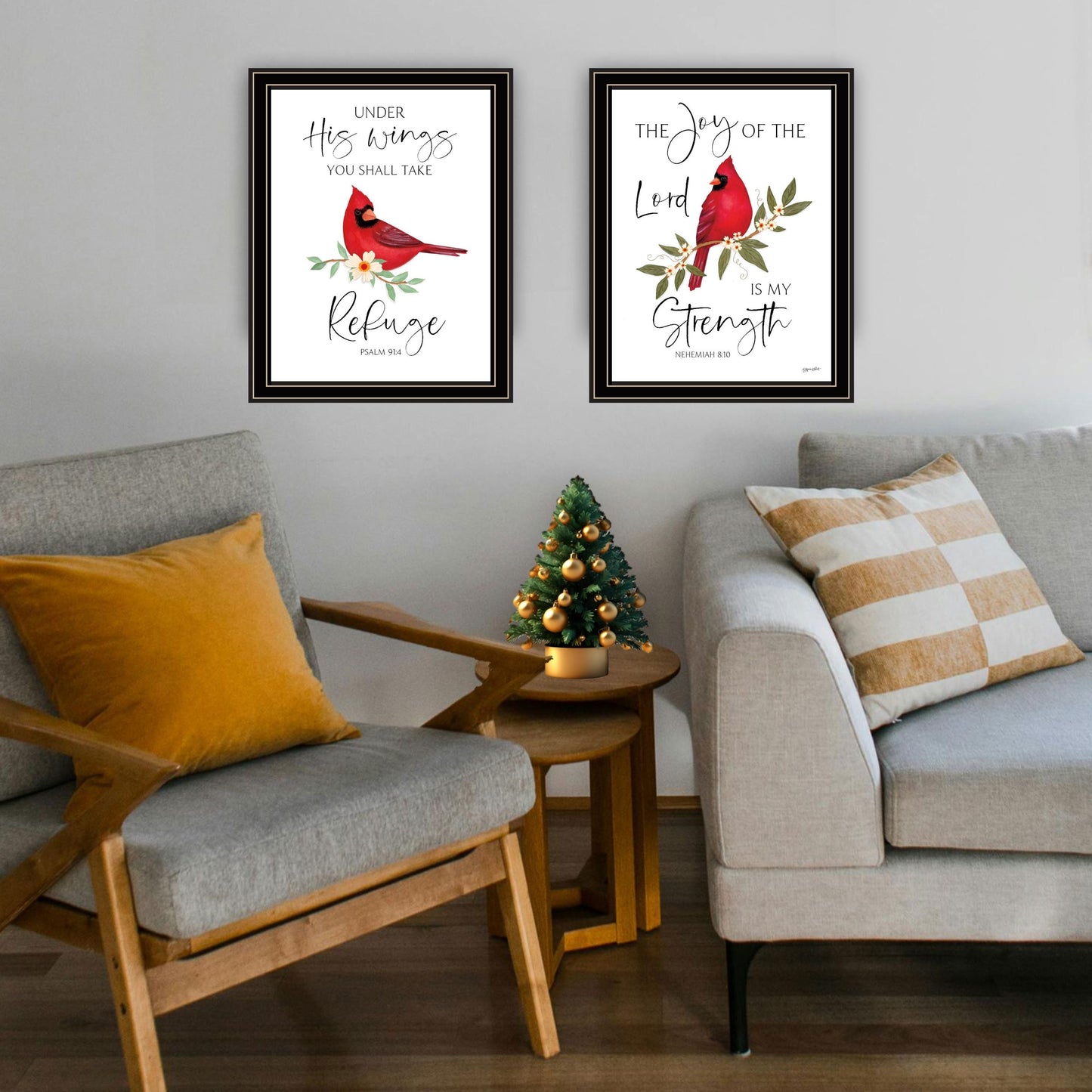 Trendy Decor 4U 2- Piece Vignette The Lord is MY Strength - Red Cardinals Black Framed Wall Art for Living Room, Bedroom Wall Art Print for Home Decor by Annie Lapoint