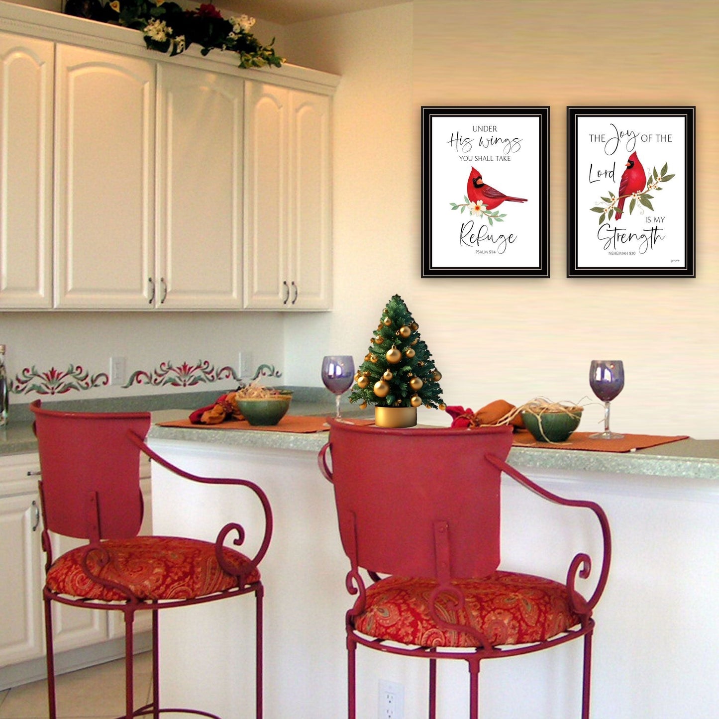 Trendy Decor 4U 2- Piece Vignette The Lord is MY Strength - Red Cardinals Black Framed Wall Art for Living Room, Bedroom Wall Art Print for Home Decor by Annie Lapoint