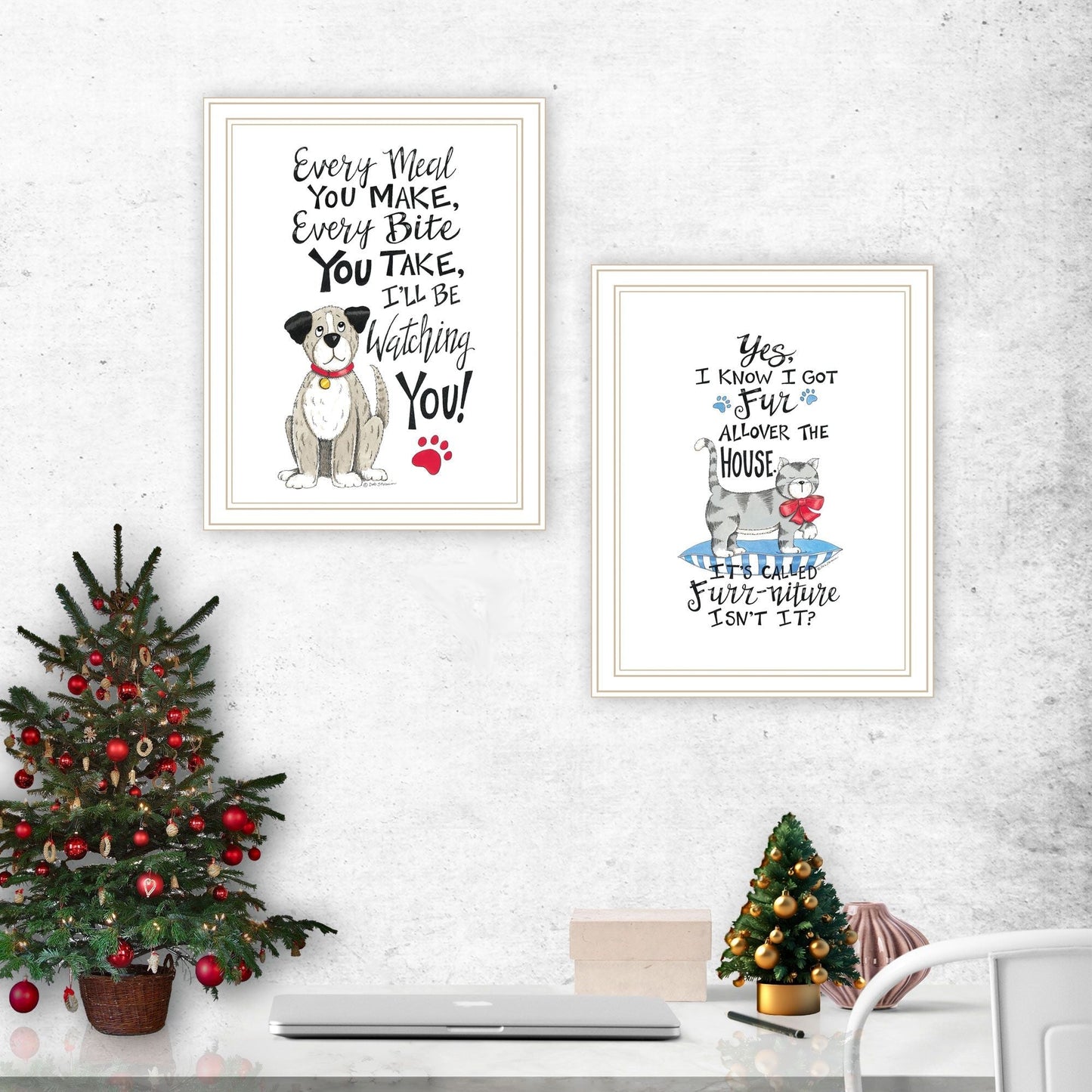 Trendy Decor 4U 2- Piece Vignette It's Called Furr-niture Isn't It? White Framed Wall Art for Living Room, Bedroom Wall Art Print for Home Decor by Deb Strain