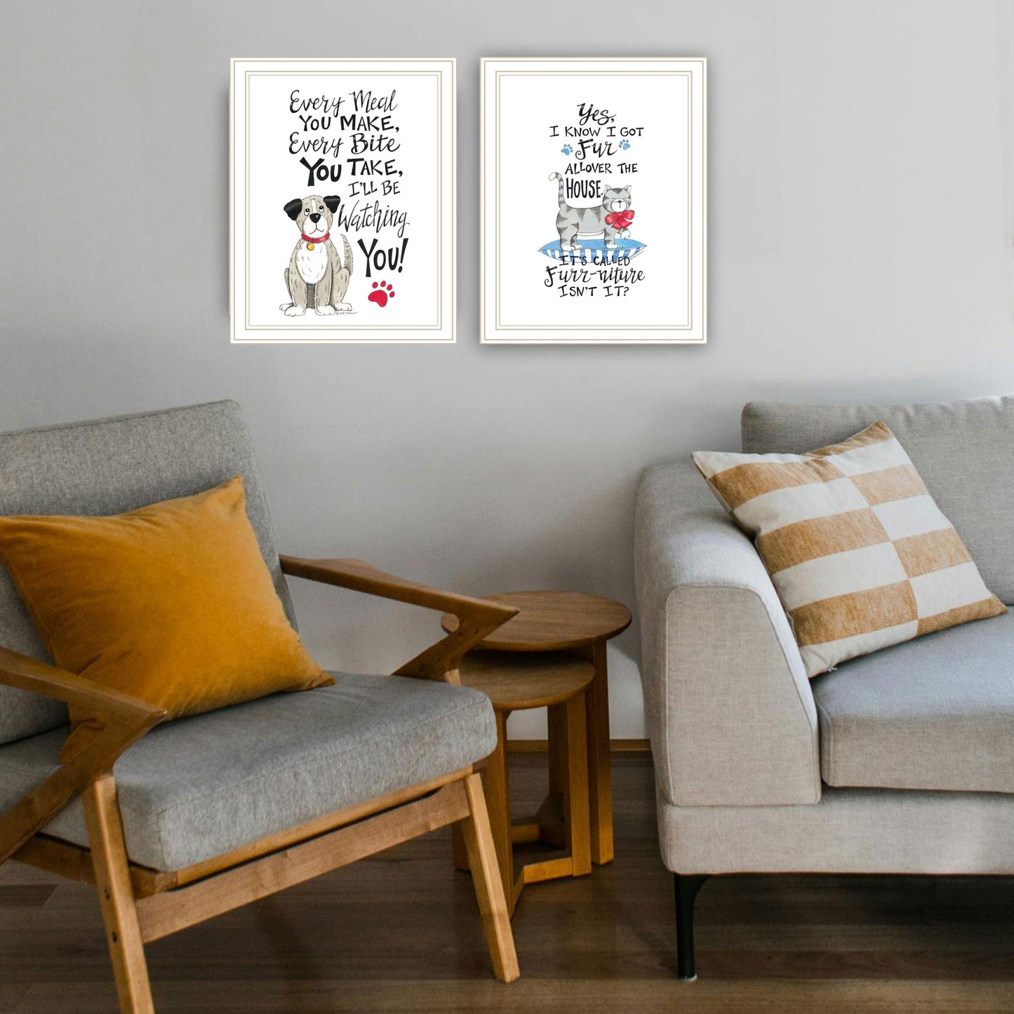 Trendy Decor 4U 2- Piece Vignette It's Called Furr-niture Isn't It? White Framed Wall Art for Living Room, Bedroom Wall Art Print for Home Decor by Deb Strain